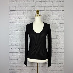 CO Black Ribbed Scoop-Neck Long Sleeve Sweater 100% Cashmere